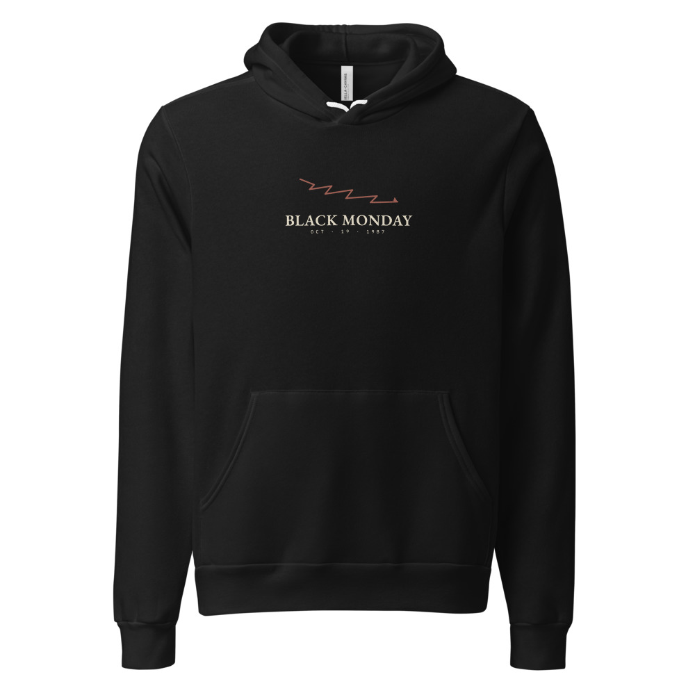 Black hoodie with a falling oxblood chart line above BLACK MONDAY and OCT 19 1987