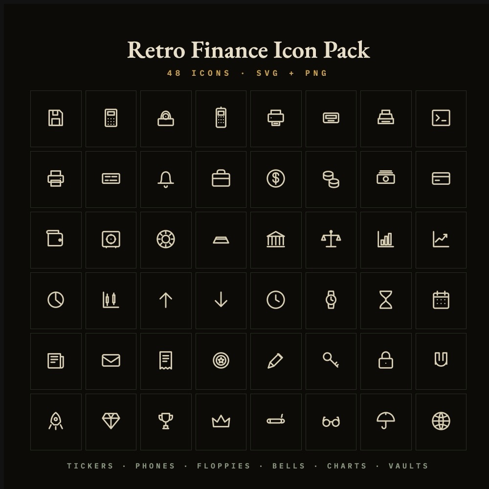 A grid of 48 cream line icons on black: floppy disk, brick phone, ticker, bell, safe, charts and more