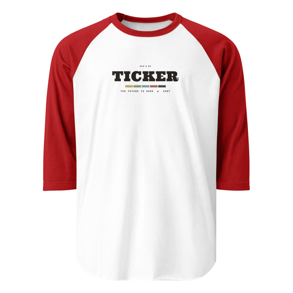 White baseball raglan with red sleeves and a bold TICKER graphic with market-colour bars